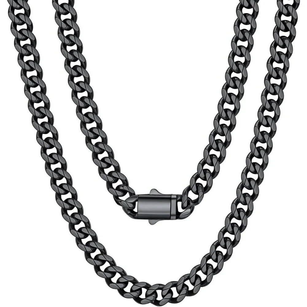 Men's 9MM Width-Black Stainless Steel Miami Cuban Curb Link Chain Necklace